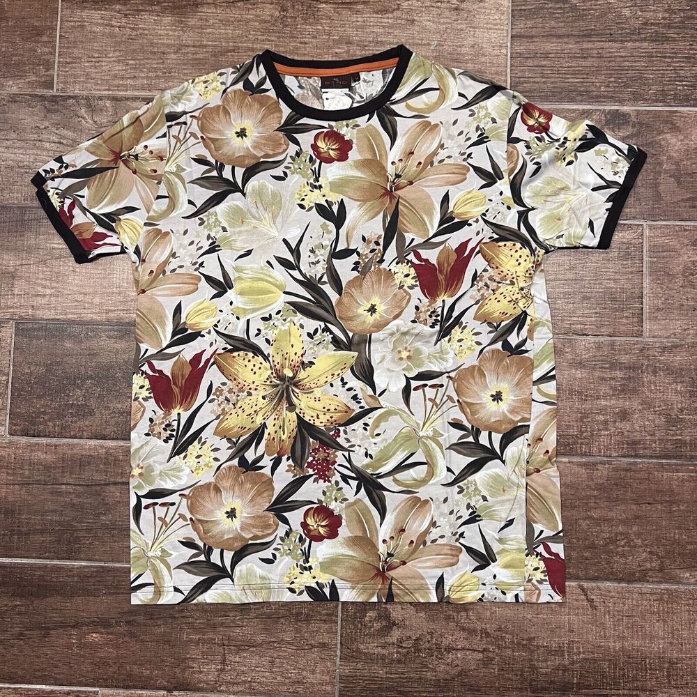 ETRO Mens shirt Medium Floral 100% Cotton Emo Ringer short sleeve Indie